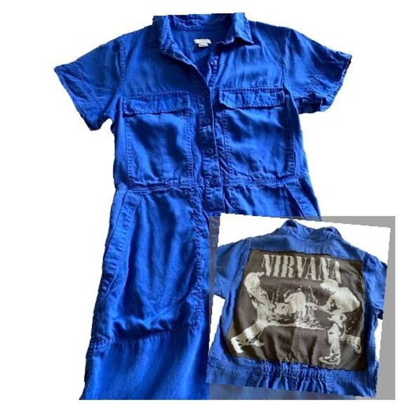 J. Crew Dresses & Skirts - Reworked J Crew Blue Shirt Mini Dress Nirvana Band Patch Grunge Indie Size 4